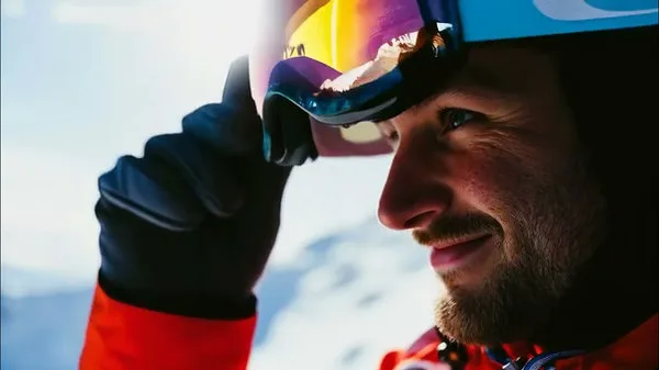 Cinematic action-sports frame of a rider adjusting goggles